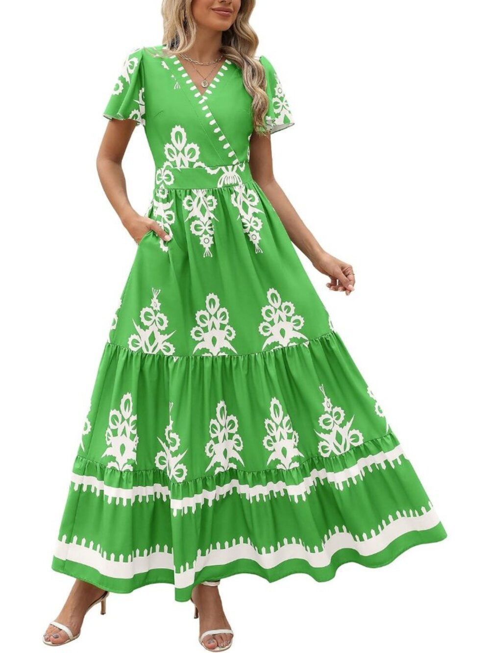 Women's Floral Green White Boho Maxi V Neck Bell Sleeve Flowy Dress W/Pockets